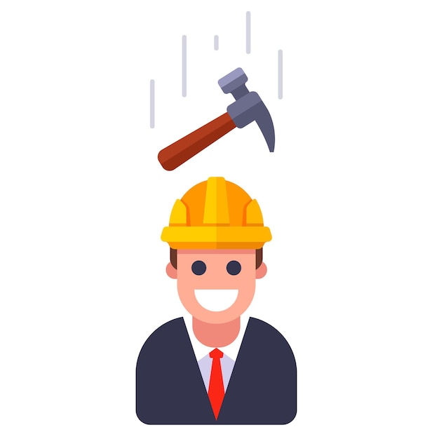 Un martillo cayendo sobre una persona con casco. ilustración vectorial plana.