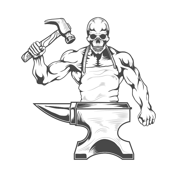 Vector martillo de cráneo de herrero con diseño vectorial de mano y yunque