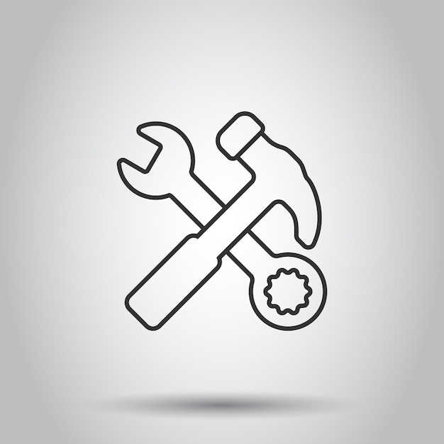Martillo con icono de llave inglesa en estilo plano Ilustración de vector de instrumento de trabajo sobre fondo blanco aislado Concepto de negocio de equipo de reparación
