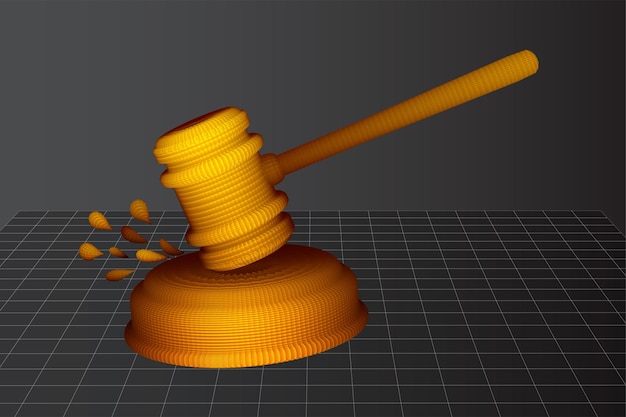 El martillo del juez virtual 3d está en el fondo del vector de la mesa