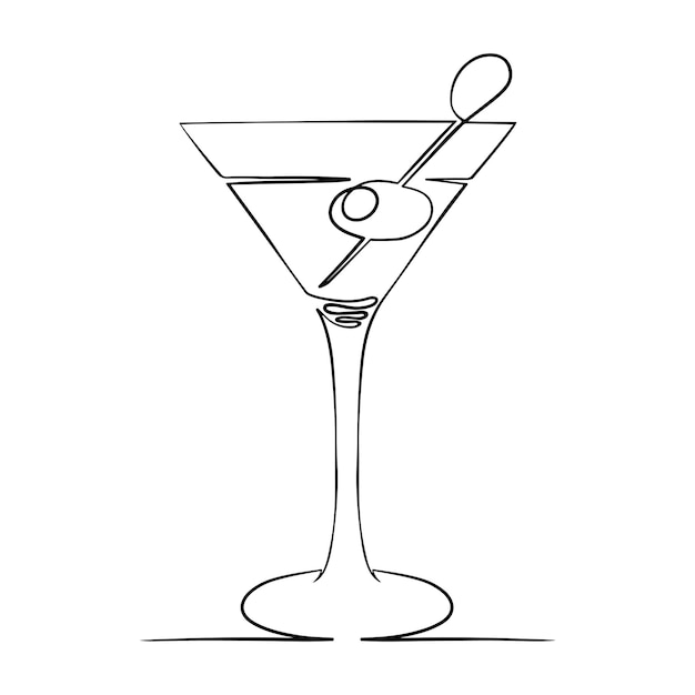 Vector martini con aceitunas línea continua ilustración vectorial aislado sobre fondo blanco