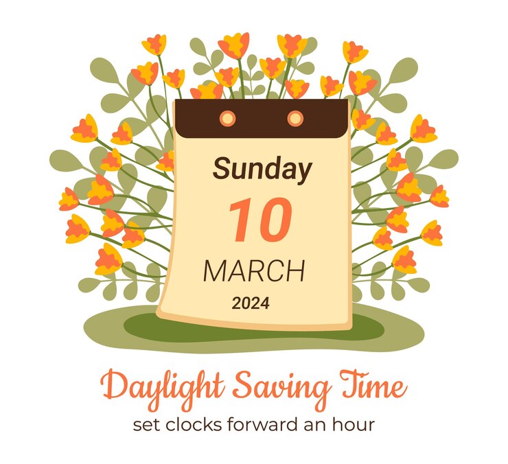 Marzo de 2024 Comienza el concepto de horario de verano Primavera hacia adelante ajuste sus relojes hacia adelante hora DST comienza en Estados Unidos cartel para recordatorio Diseño plano para el horario de verán con flores y hojas del calendario
