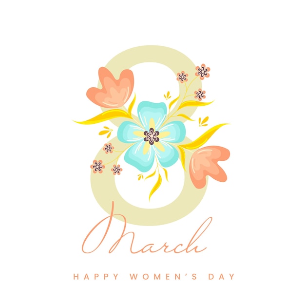 Marzo del 8 número decorado con flores sobre fondo blanco para el concepto de feliz día de la mujer