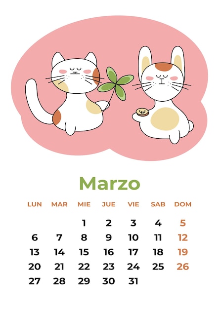 Marzo marzo 2023 hoja de calendario en español con símbolos de año moneda de trébol de cuatro hojas