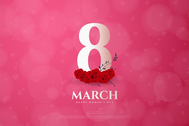 Marzo con números y rosas rojas realistas.