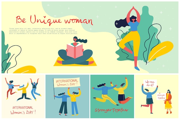 Más fuertes juntos. Concepto femenino y diseño de empoderamiento de la mujer. conjunto de banners
