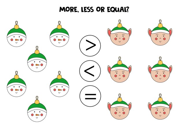 Más, menos, igual con lindas bolas navideñas. Comparación matemática.