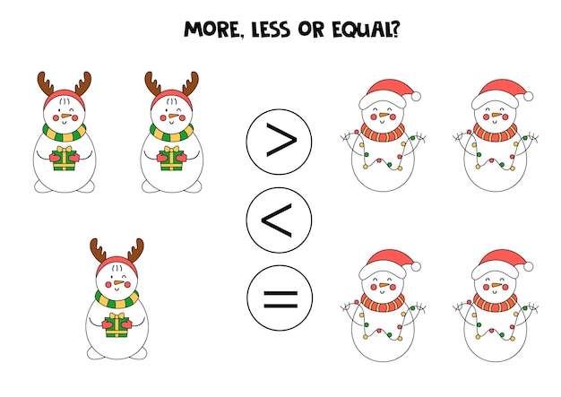 Más, menos, igual con lindos muñecos de nieve de dibujos animados. Comparación matemática.