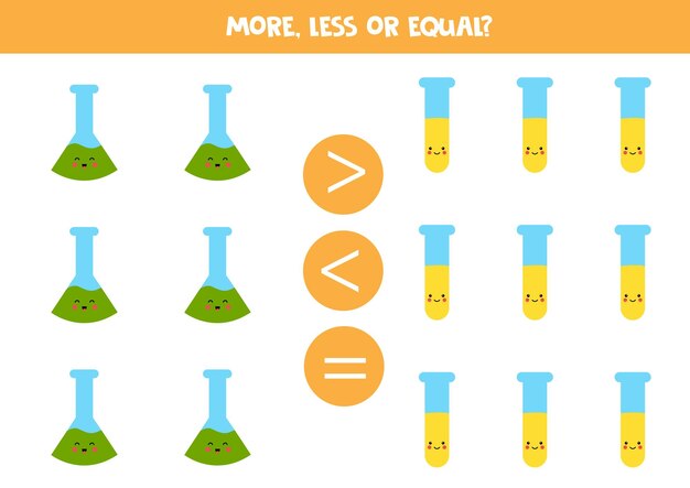 Más, menos, igual con lindos tubos de ensayo. comparación matemática.