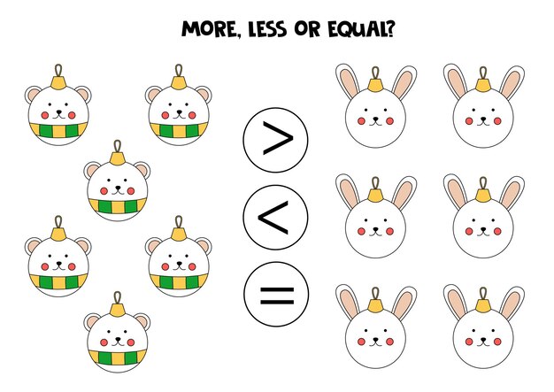 Más, menos, igual que las bolas navideñas. Comparación matemática.