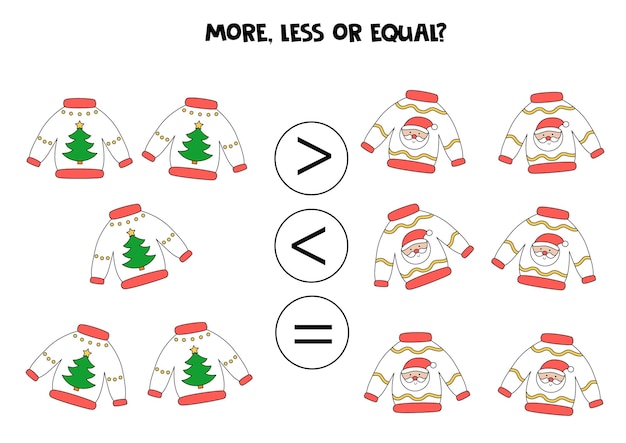 Más, menos, igual que los jerseys navideños. Comparación matemática.