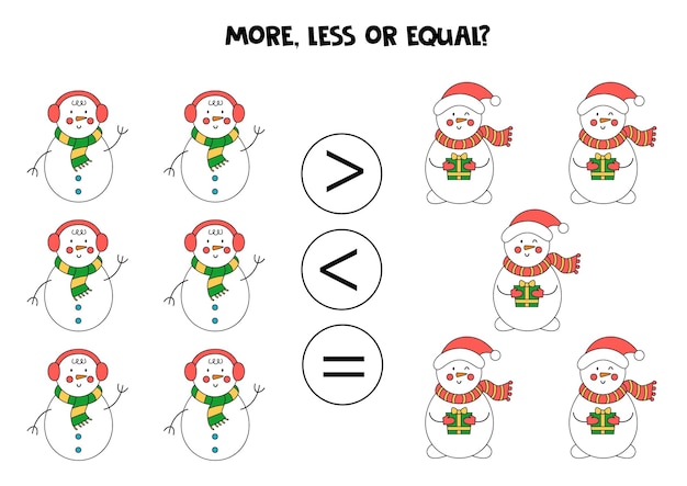 Más, menos, igual que los muñecos de nieve navideños. comparación matemática.