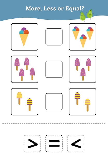 Más menos o igual Juego educativo de matemáticas para niños Diseño de hojas de trabajo para preescolar o jardín de infantes