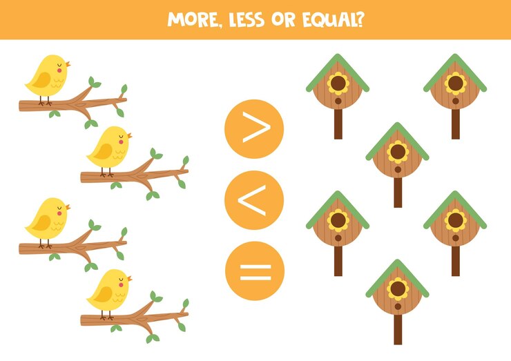 Vector más menos o igual con lindo pájaro y casita para pájaros