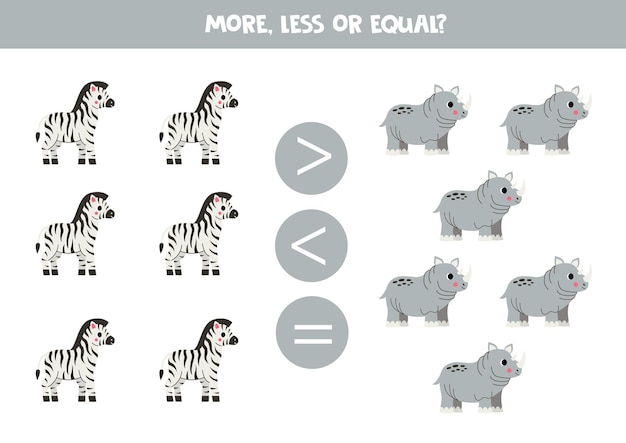 Más menos o igual con lindos animales africanos Juego de comparación para niños