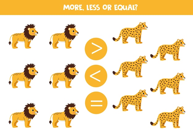 Más menos o igual con lindos leones y leopardos Juego de comparación