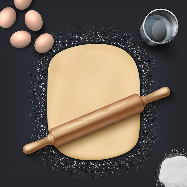 Masa de panadería. Harina de trigo realista, huevos, sal y masa de panadería con rodillo de madera sobre la mesa. Ilustración vectorial panadería casera para cartel de pastelería y cafetería sobre fondo negro