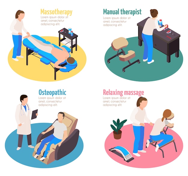 Vector masaje terapéutico conjunto isométrico 4x1 de composiciones con texto editable y personajes de médicos con pacientes.