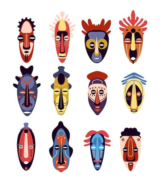 Máscara africana. Ritual tradicional o ceremonial étnico hawaiano, máscaras de rostro humano azteca, tótem aborigen del hocico, colorido conjunto de vectores planos. Ilustración máscara étnica, ritual tribal, cultura tradicional