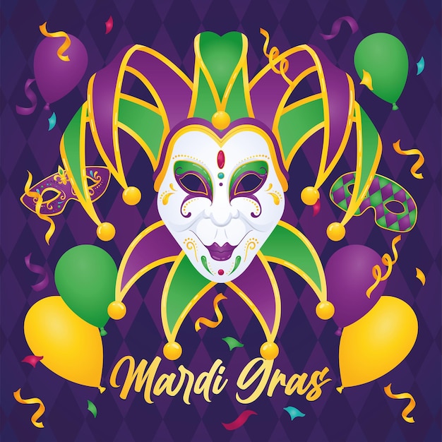 Máscara de bromista aislada con globos Cartel de Mardi Gras Vector
