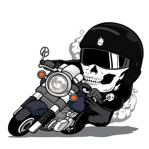 máscara de calavera Racer Montando una motocicleta vintage Mascota de dibujos animados