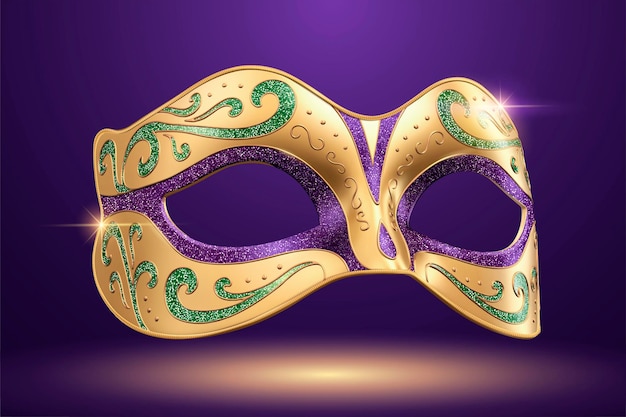 Vector máscara de carnaval hermosa en la ilustración 3d sobre fondo púrpura