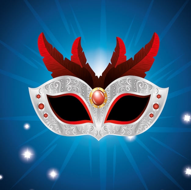 Máscara de carnaval con plumas rojas luces fondo azul