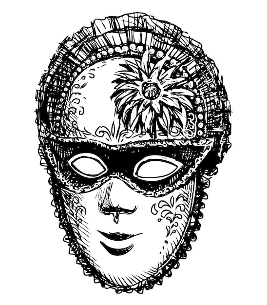 Máscara de carnaval veneciana de época máscarada cara dibujo vectorial en blanco y negro a mano