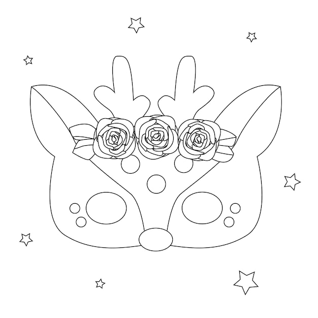 Máscara de ciervo de dibujos animados lindo para colorear Ilustración de vector blanco y negro para colorear