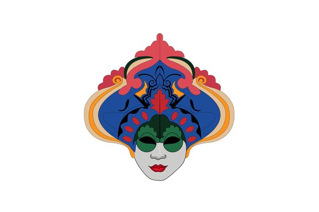 Una máscara colorida con una cara en el medio y una cara roja con un fondo blanco.