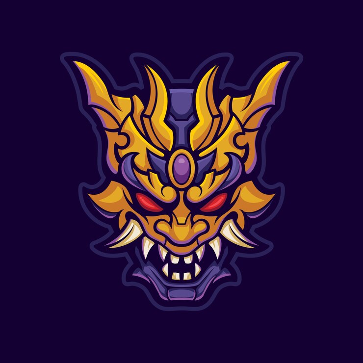 Vector máscara de demonio en color dorado y morado. cara de oni en material metálico. esport logo gaming