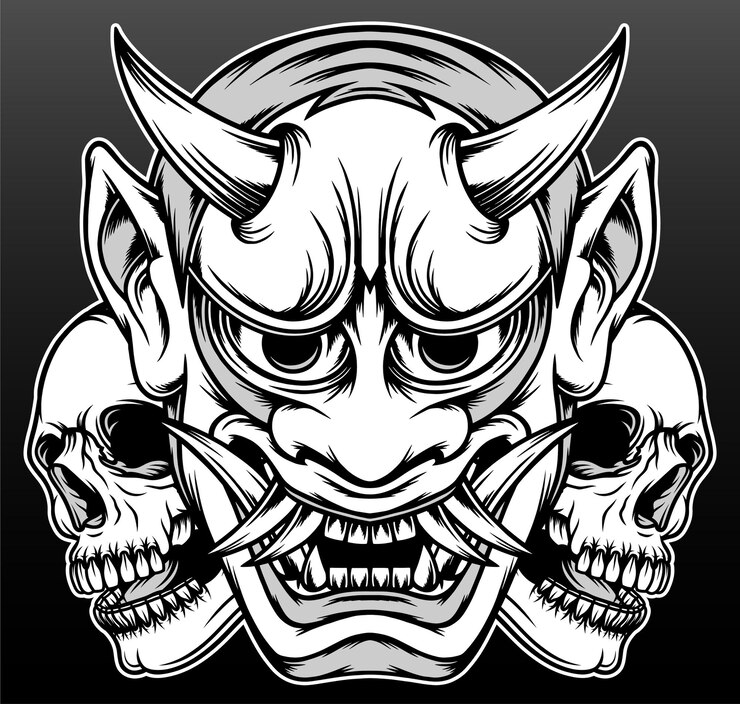 Vector máscara de demonio japonés aislada en negro