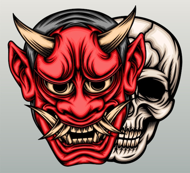 Vector máscara de demonio oni con cabeza de calavera.