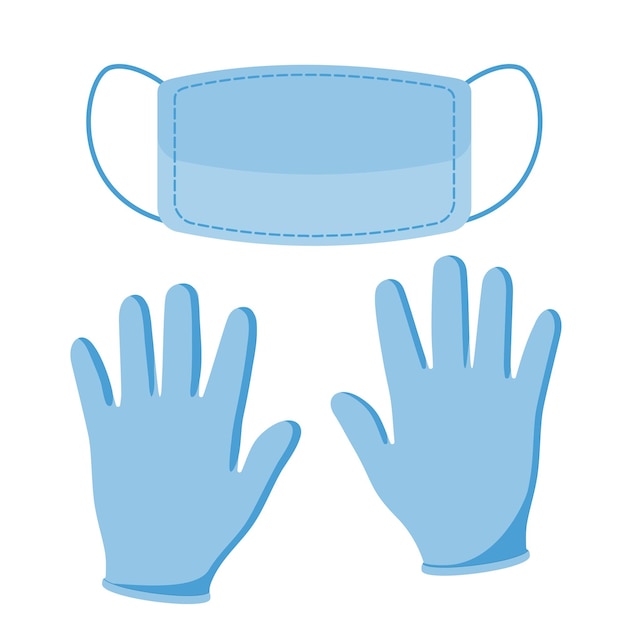 Vector máscara y guantes protectores azules. guantes médicos de látex como símbolo de protección contra virus y bacterias. mascarillas faciales médicas o quirúrgicas. concepto de salud. respirador. ilustración vectorial