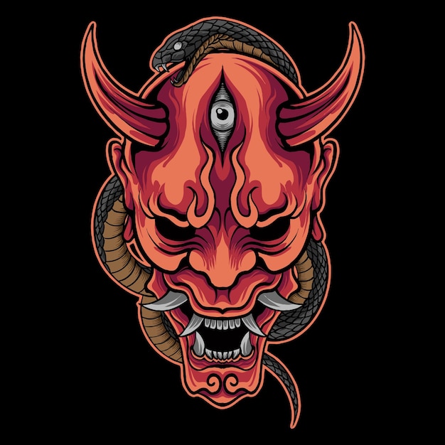 máscara de hannya vectorial con arte de ilustración de serpiente venenosa