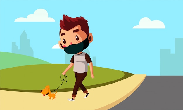 Vector la máscara de hombre está caminando con su perro en una nueva normalidad