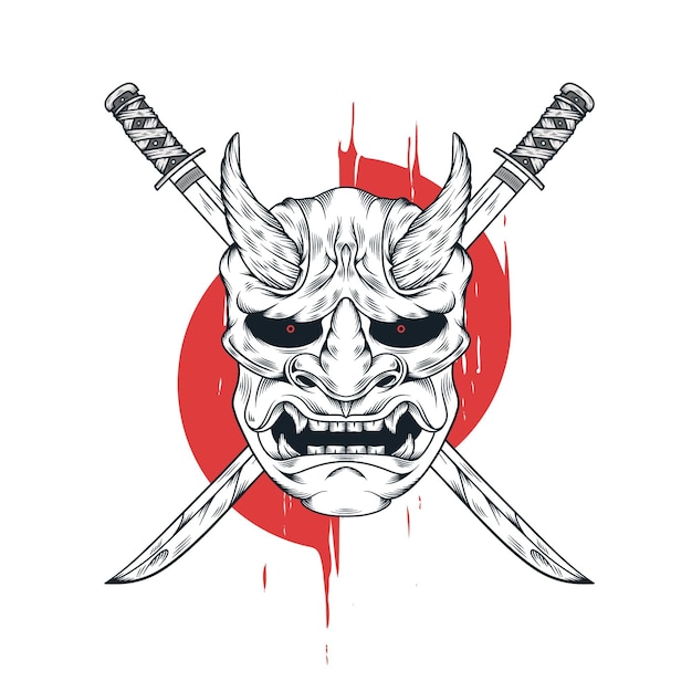 Máscara japonesa oni evil y espada katana ilustración