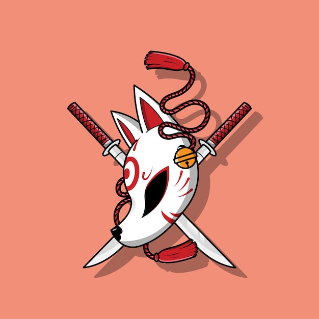 Máscara kitsune japonesa con ilustración de vector de espada katana