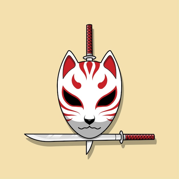 Máscara kitsune japonesa con ilustración de vector de espada katana