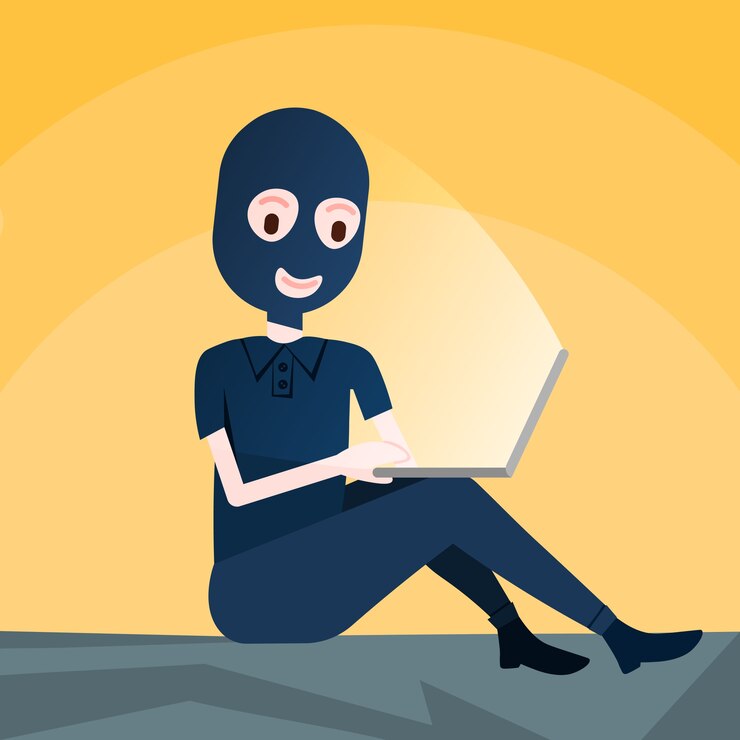 Vector máscara de mujer negra sentada en actividad de hacker de computadora