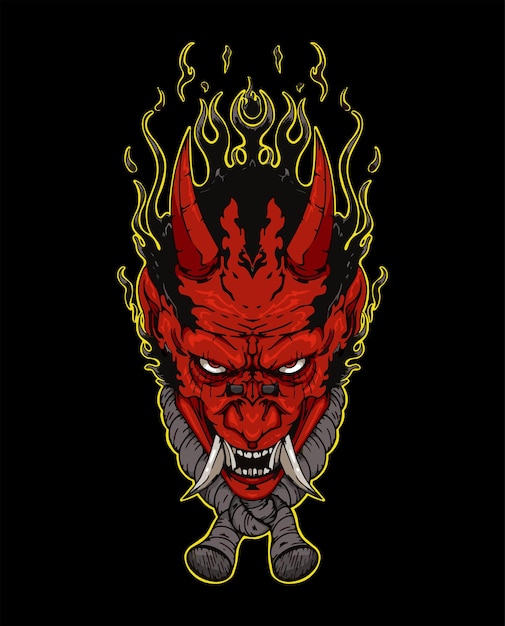 máscara oni aterradora con vector de llama, máscara de demonio japonesa, vector de sonrisa malvada
