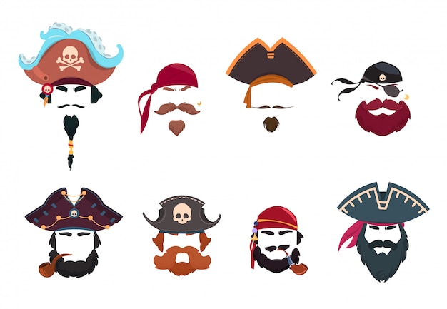 Vector máscara pirata filtros de fotos de cara divertida. conjunto de vector aislado piratas sombreros, pañuelo y pipa de fumar