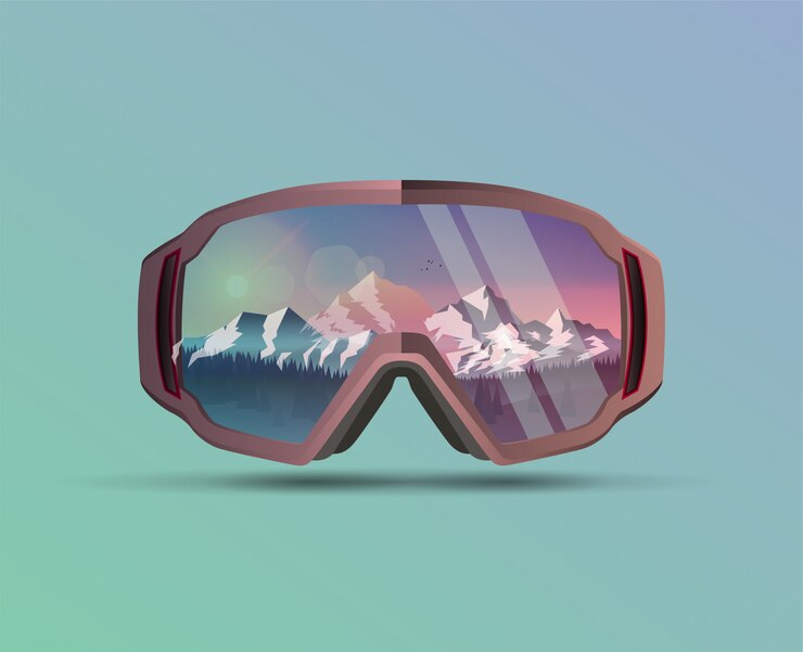 Máscara protectora de snowboard con paisaje de montañas en la reflexión