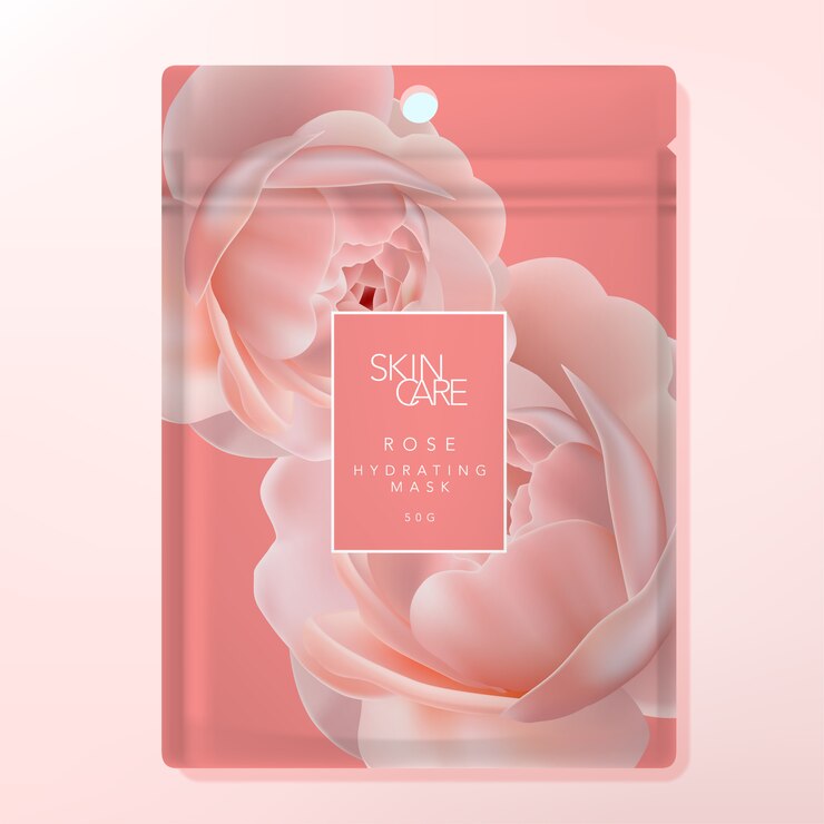 Máscara de sábana facial o máscara de arcilla Bolsa sucia o empaque de bolsita. Patrón de rosa impreso en fondo coral.