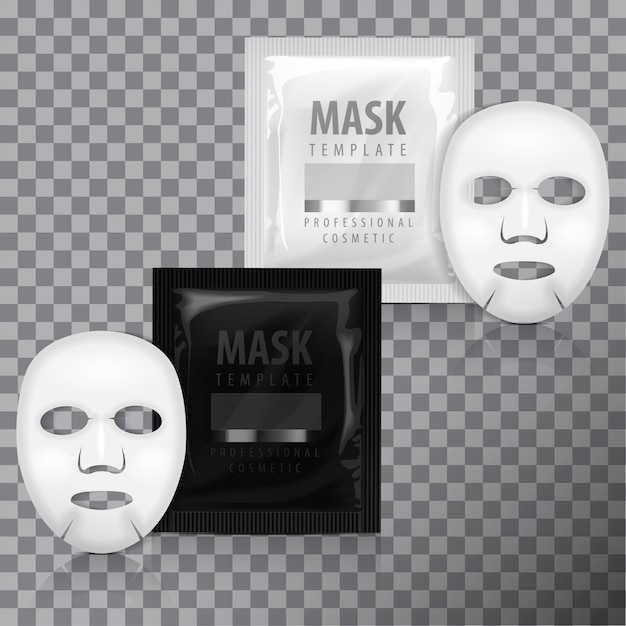 Vector máscara de sábana facial realista y bolsita. modelo. embalaje de productos de belleza en fondo transparente