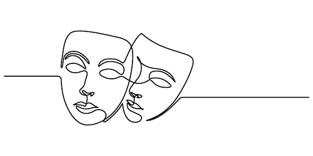 Máscara de teatro dibujo de una línea ópera símbolos de eventos continuo dibujado a mano máscara de sonrisa de humor de teatro
