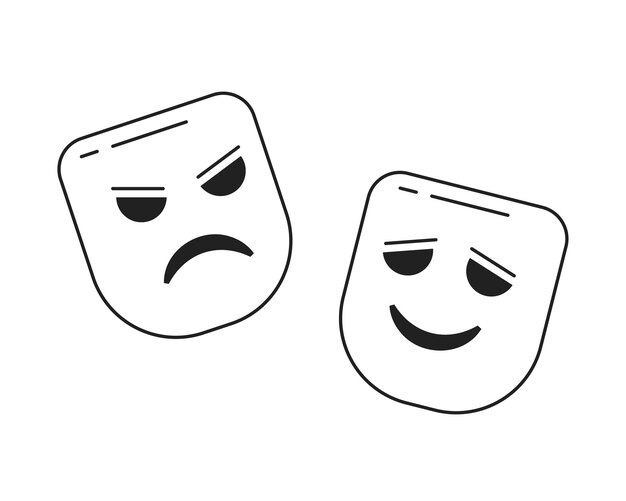 Máscara de teatro de tragedia y comedia objeto vectorial plano monocromo Máscara para cubrir la cara Icono de línea delgada en blanco y negro editable Ilustración de clip art de dibujos animados simple para diseño gráfico web