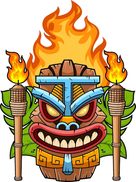 Máscara de Tiki enojada con llamas y antorchas