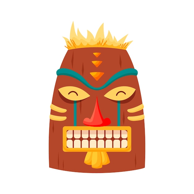 Máscara tiki tótem tribal hawaiano o ídolo de madera azteca maya africano aislado sobre fondo blanco cabeza de ritual étnico estatua polinesia vector de estilo de dibujos animados