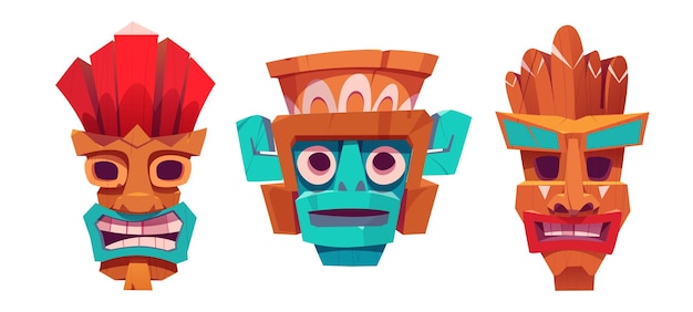 Vector máscara totem tiki vector de dibujos animados tribales hawaianos icono de cara africana con sonrisa para el verano fiesta en la playa de la isla cerca de la playa estatua tradicional de cabeza de madera polinesia tropical decoración colorida